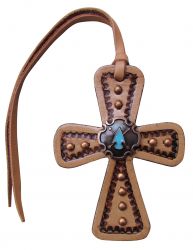 Showman Light Leather Tie On Cross with Turquoise Stone Arrow Head Concho